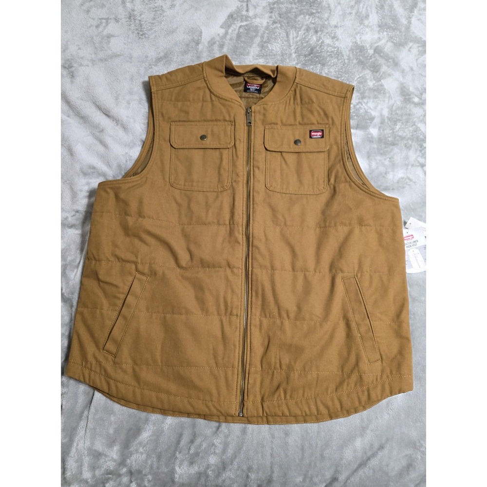 Wrangler Vest Mens 2XL Brown Quilted Lined Duck Canvas Workwear Full Zip Outdoor